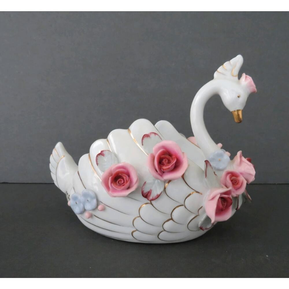 Occupied Japan Chikusa Porcelain Swan Planter Applied Roses Gold Trim